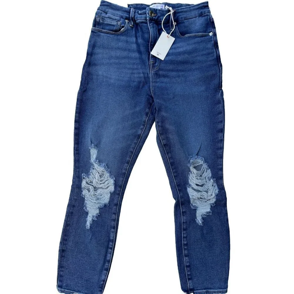 Good American Good Waist Ripped Crop Skinny Jeans in Blue855 - Picture 2 of 15